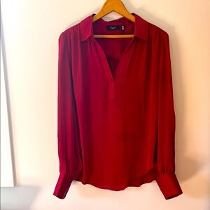 Rafaella Red Relaxed Blouse with Notched Collar and Cuffed Sleeves